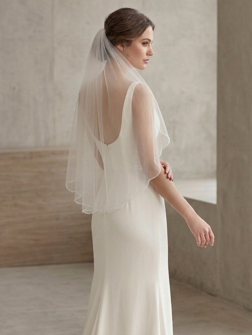 Hip Length Off White Beaded Veil